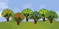 Cartoon orchard with various fruit trees peach, apple, pear, plum, quince, cherry Royalty Free Stock Photo
